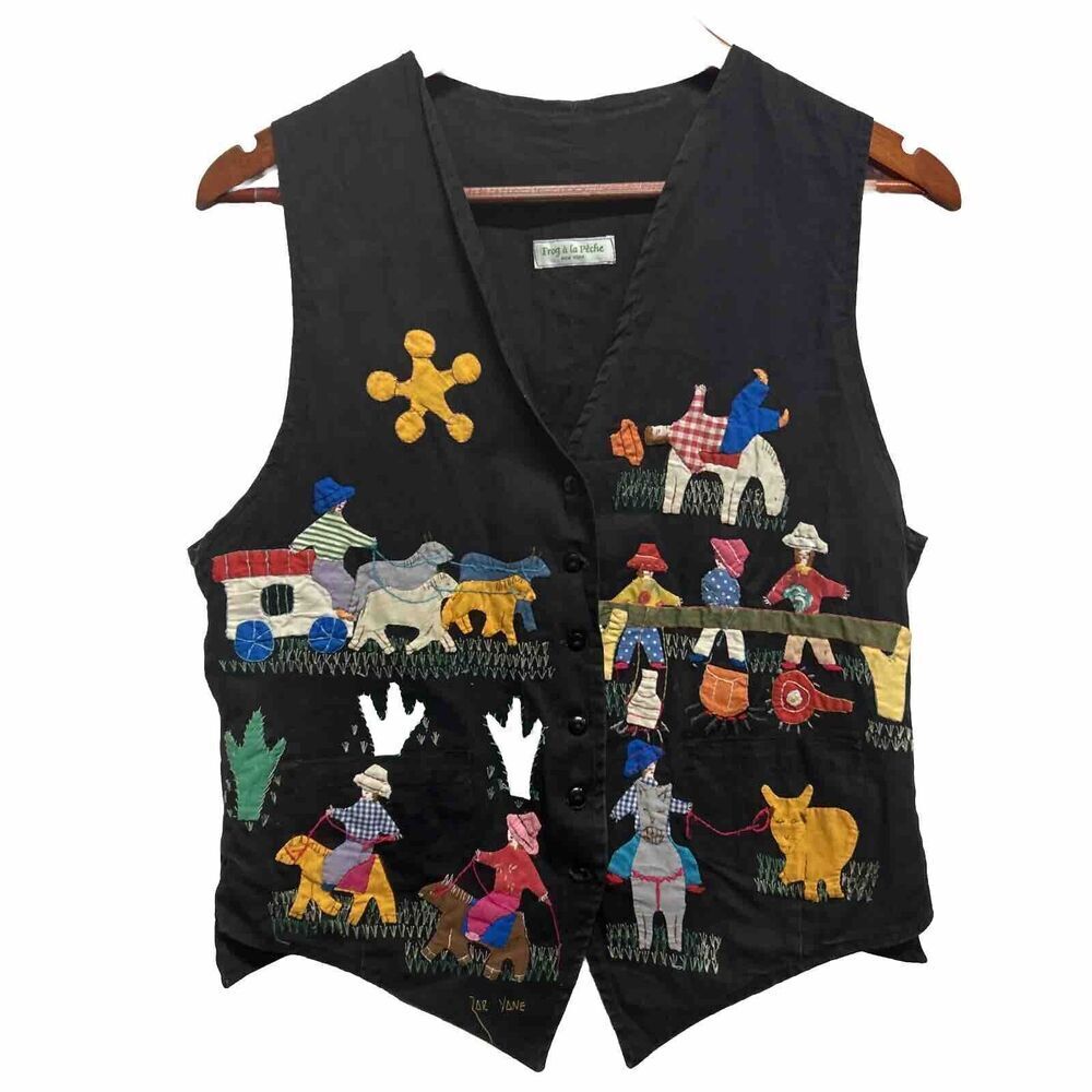 Vintage Handmade Folk Applique Frog A La Peche Cowgirl Vest Embroidered Medium